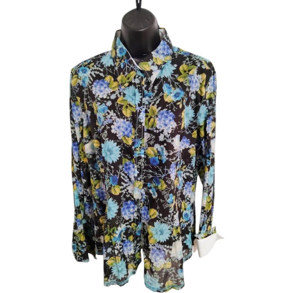 NEW GEORGE ROTH women's floral cotton blouse in black turquoise print